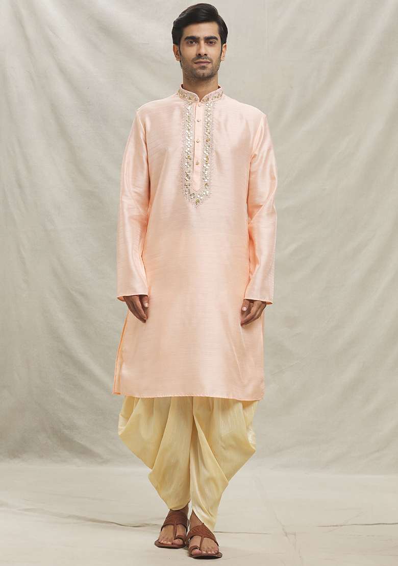 Powder Pink Embroidered Silk Blend Kurta Set For Men - Indya