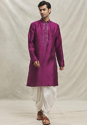 Pink Embroidered Silk Blend Kurta Set For Men