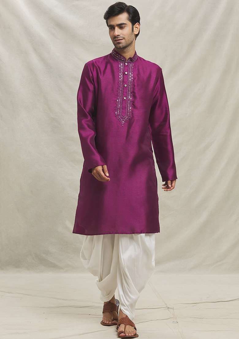 Pink Embroidered Silk Blend Kurta Set For Men - Indya