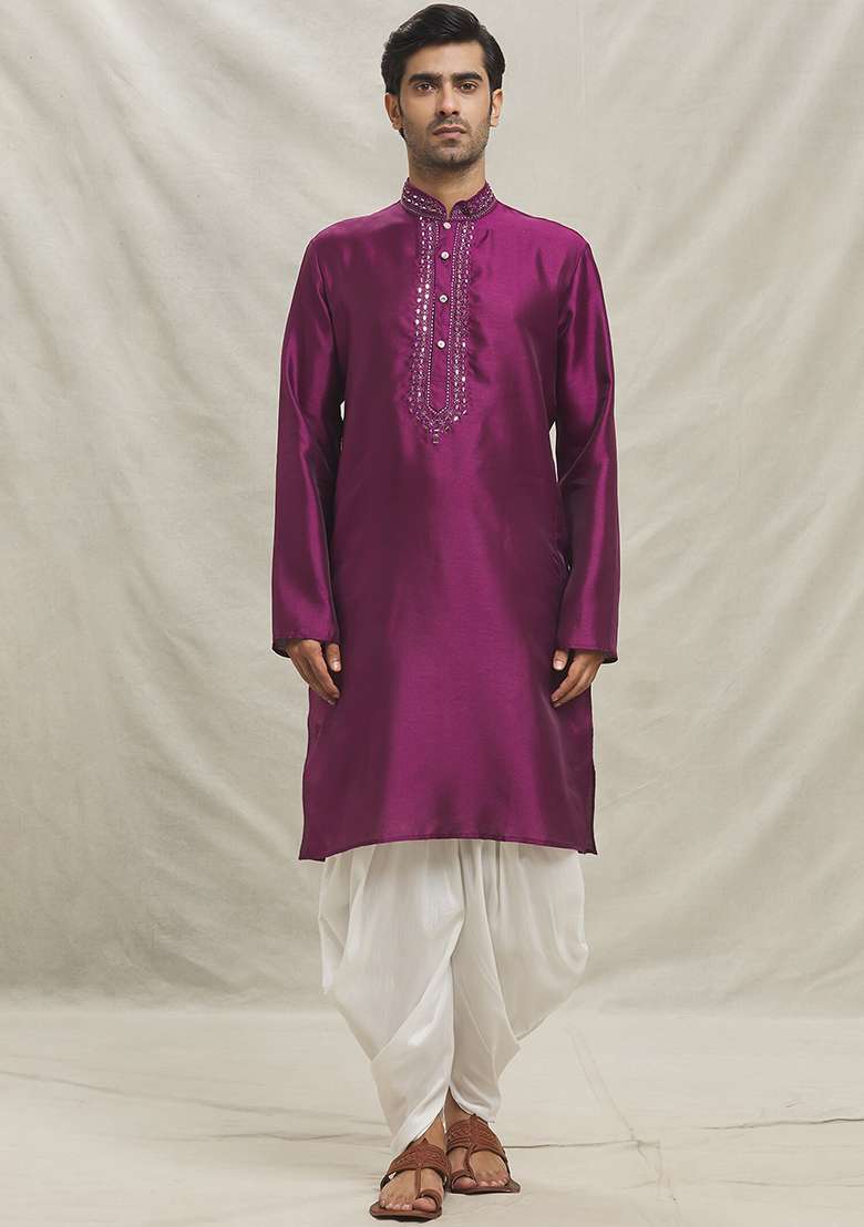 Pink Embroidered Silk Blend Kurta Set For Men - Indya