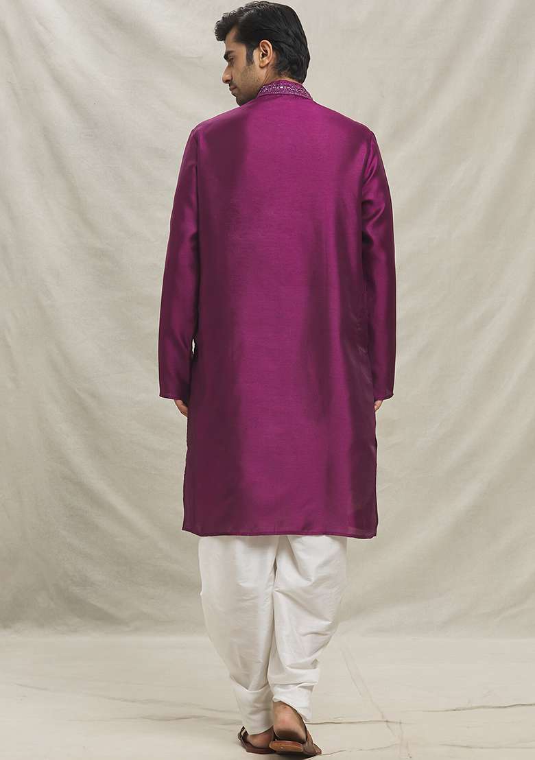 Pink Embroidered Silk Blend Kurta Set For Men - Indya
