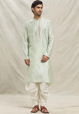 Pista Green Embroidered Silk Blend Kurta Set For Men