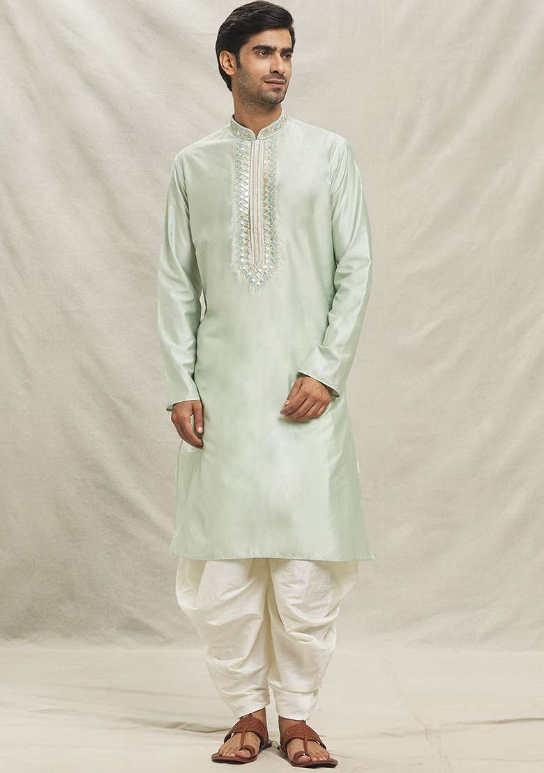 Pista Green Embroidered Silk Blend Kurta Set For Men - Indya