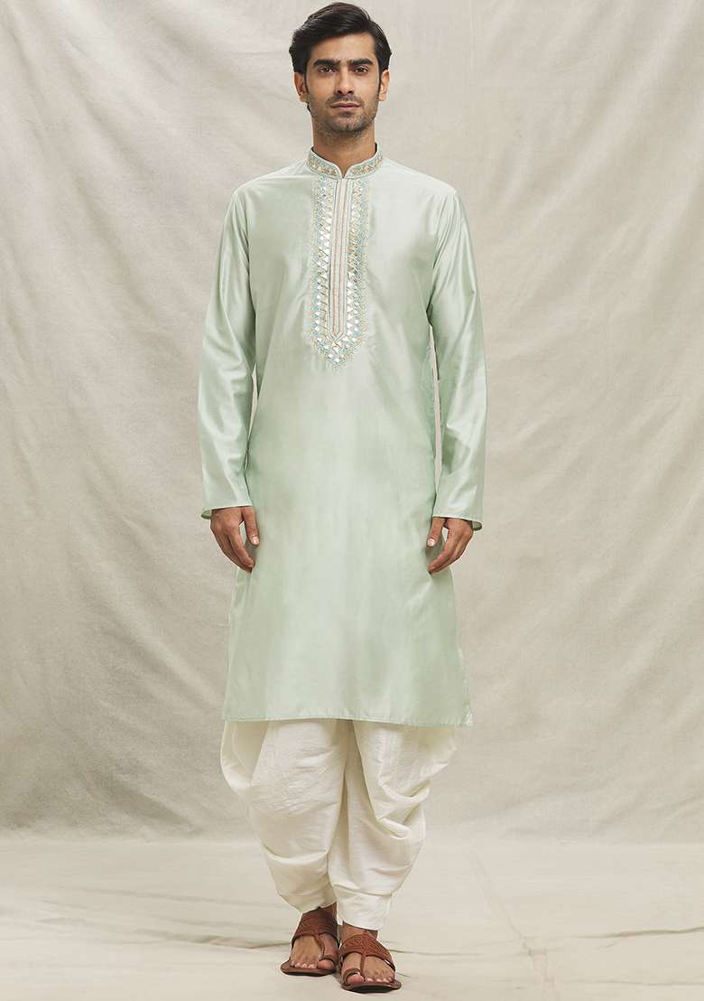 Pista Green Embroidered Silk Blend Kurta Set For Men - Indya
