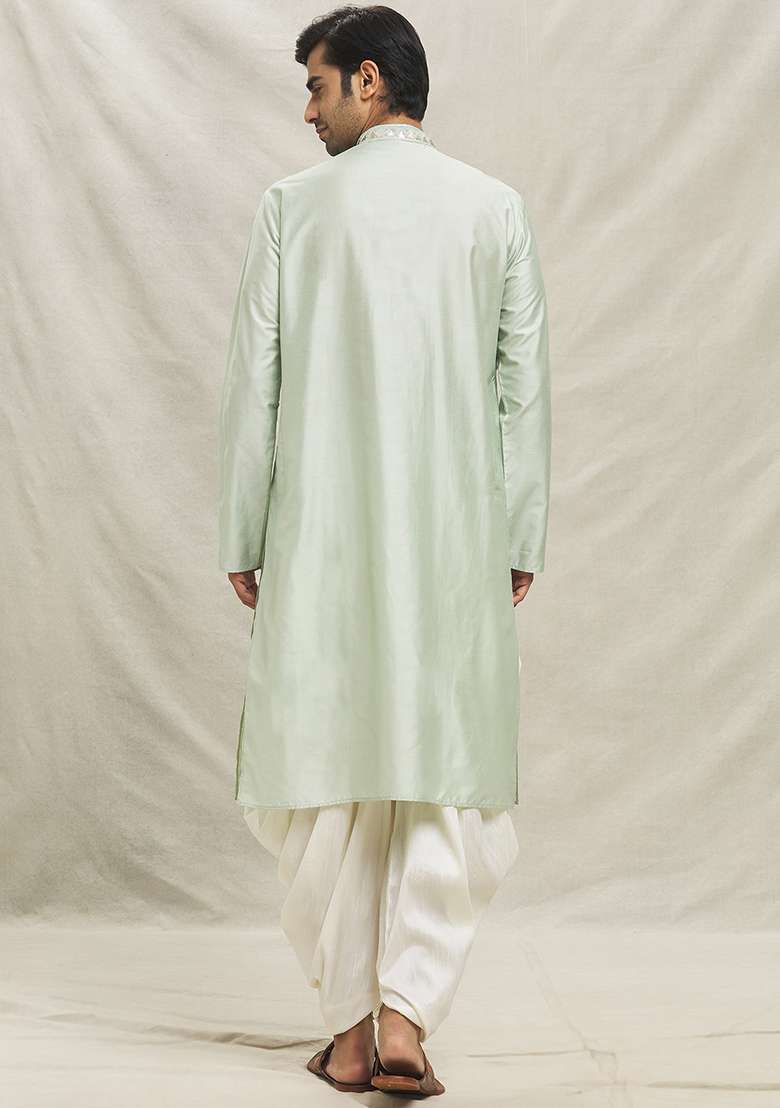 Pista Green Embroidered Silk Blend Kurta Set For Men - Indya