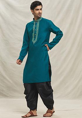 Rama Green Embroidered Silk Blend Kurta Set For Men