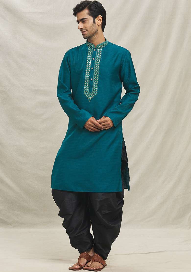 Rama Green Embroidered Silk Blend Kurta Set For Men - Indya