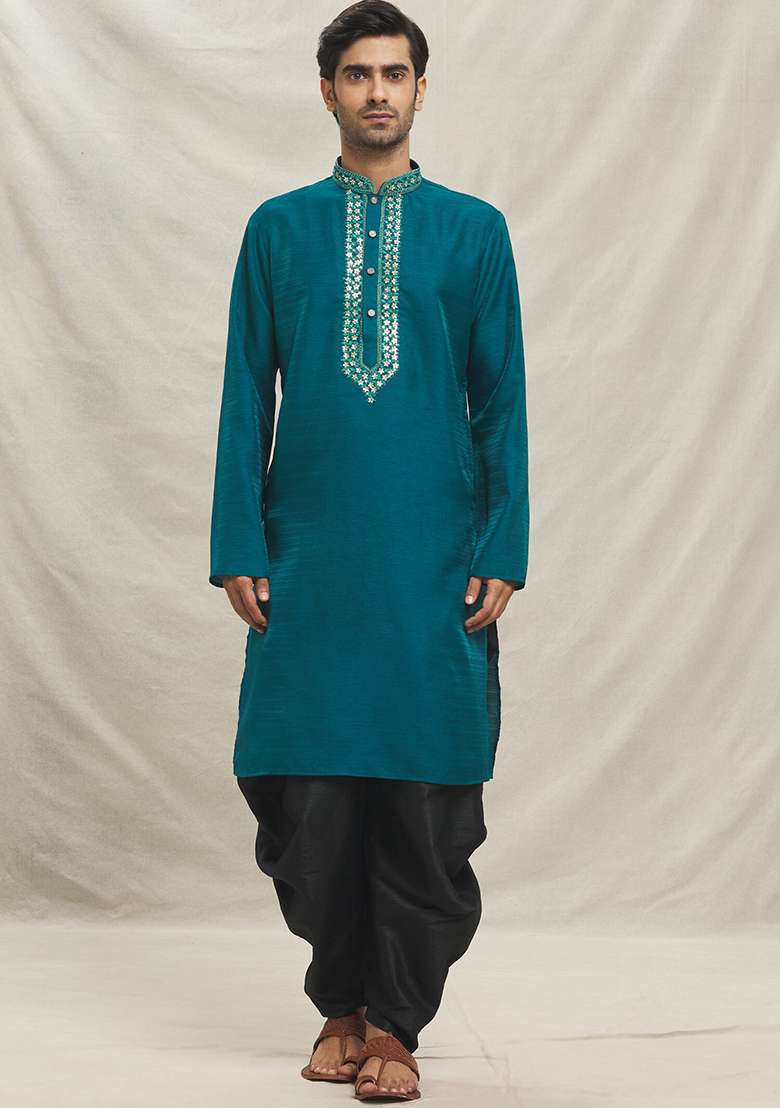 Rama Green Embroidered Silk Blend Kurta Set For Men - Indya