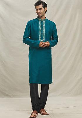 Rama Green Embroidered Silk Blend Kurta Set For Men