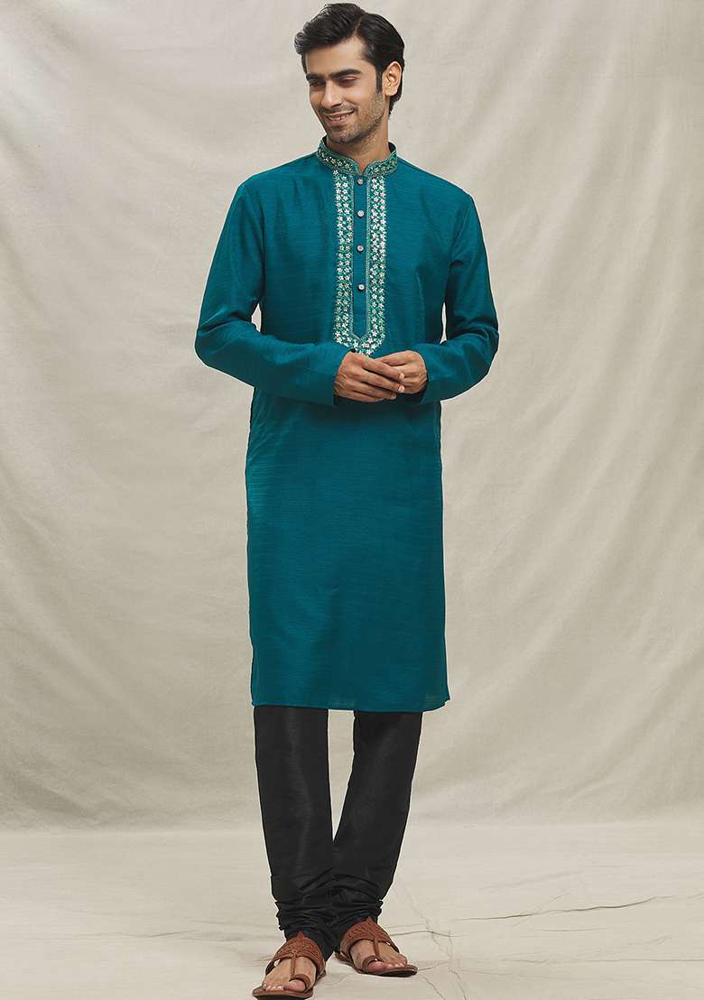 Rama Green Embroidered Silk Blend Kurta Set For Men - Indya