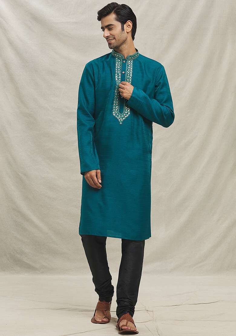 Rama Green Embroidered Silk Blend Kurta Set For Men - Indya