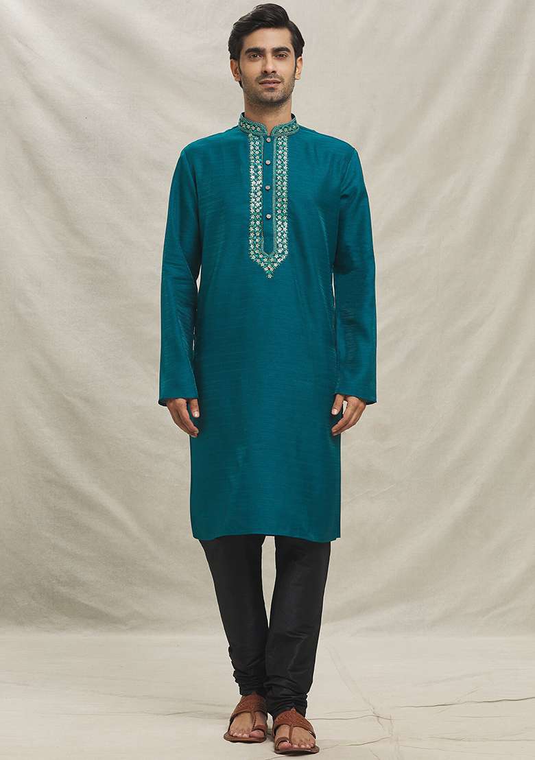 Rama Green Embroidered Silk Blend Kurta Set For Men - Indya