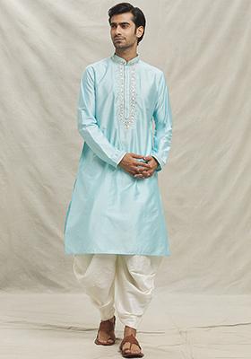 Sky Blue Embroidered Silk Blend Kurta Set For Men