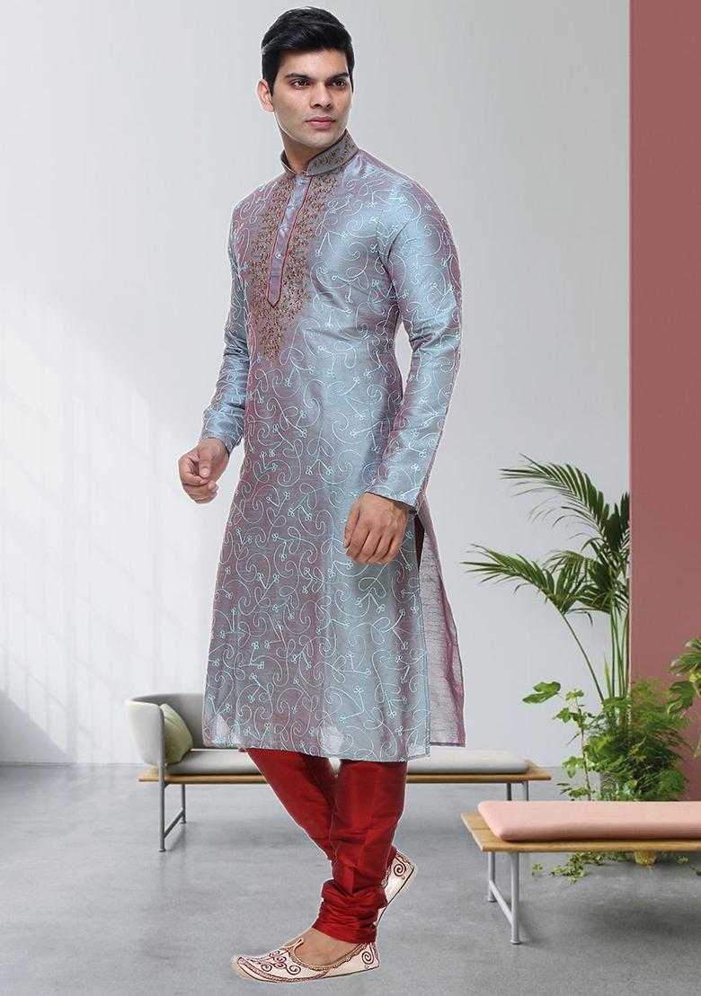 Grey Embroidered Silk Kurta Set For Men