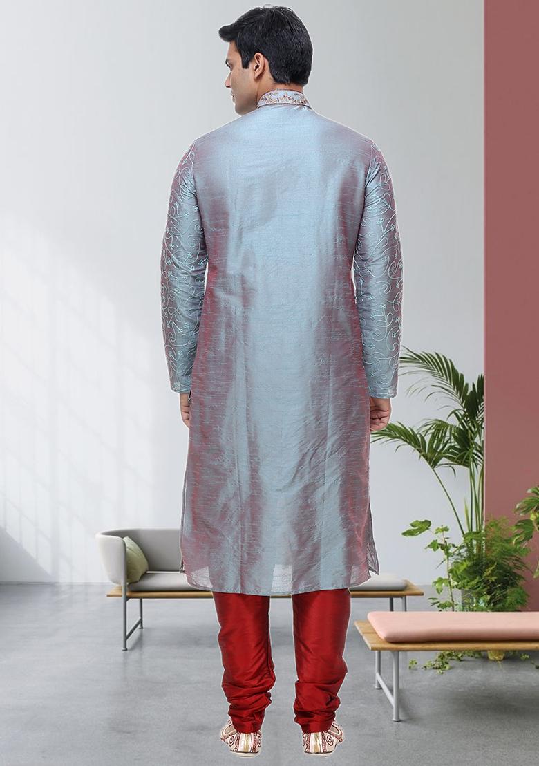 Grey Embroidered Silk Kurta Set For Men