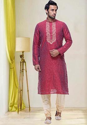 Red Embroidered Silk Kurta Set For Men