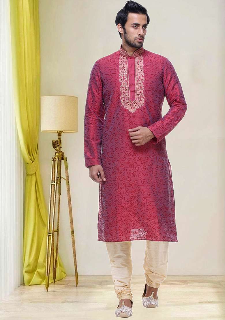 Red Embroidered Silk Blend Kurta Set For Men - Indya