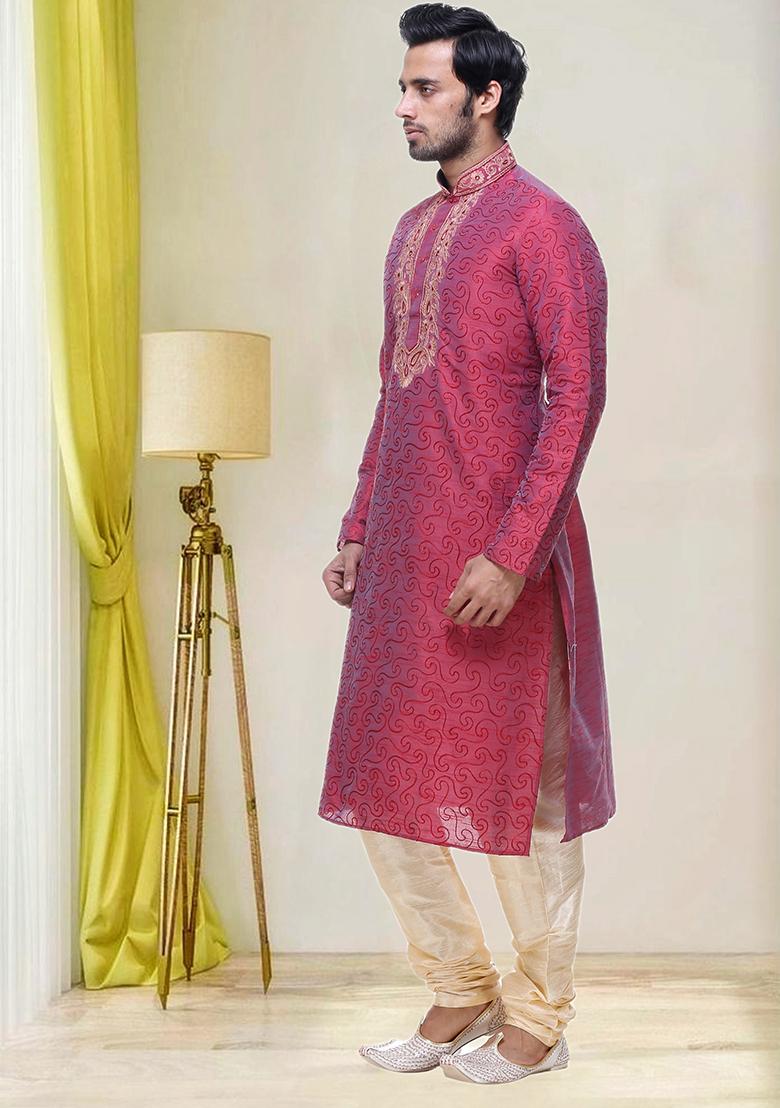 Red Embroidered Silk Kurta Set For Men