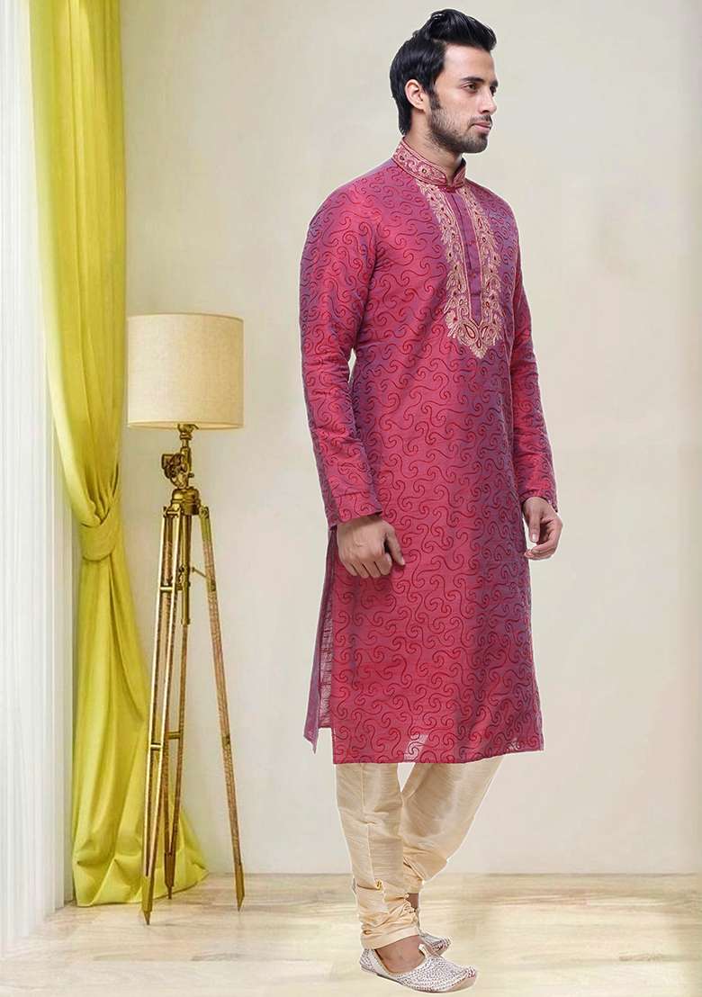 Red Embroidered Silk Blend Kurta Set For Men - Indya