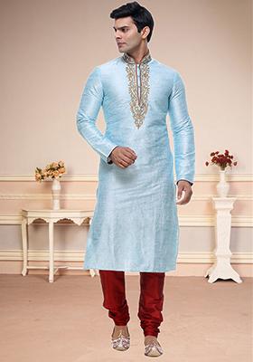 Sky Blue Embroidered Silk Kurta Set For Men