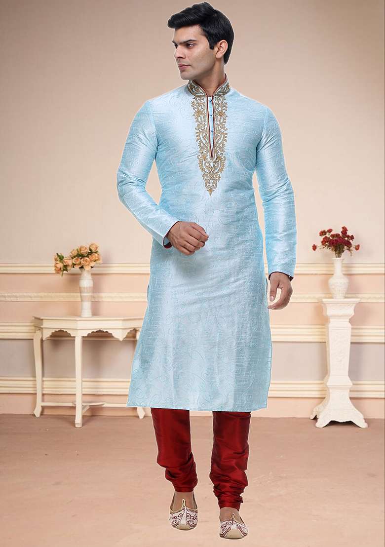 Sky Blue Embroidered Silk Blend Kurta Set For Men - Indya