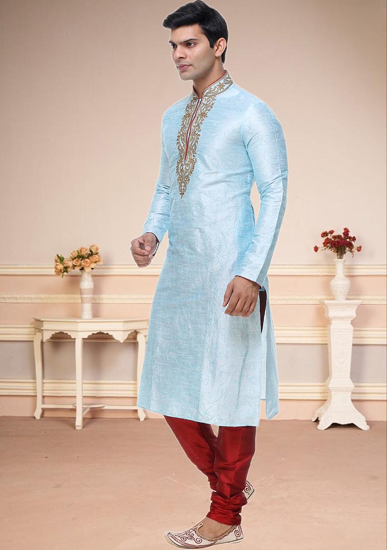Sky Blue Embroidered Silk Kurta Set For Men
