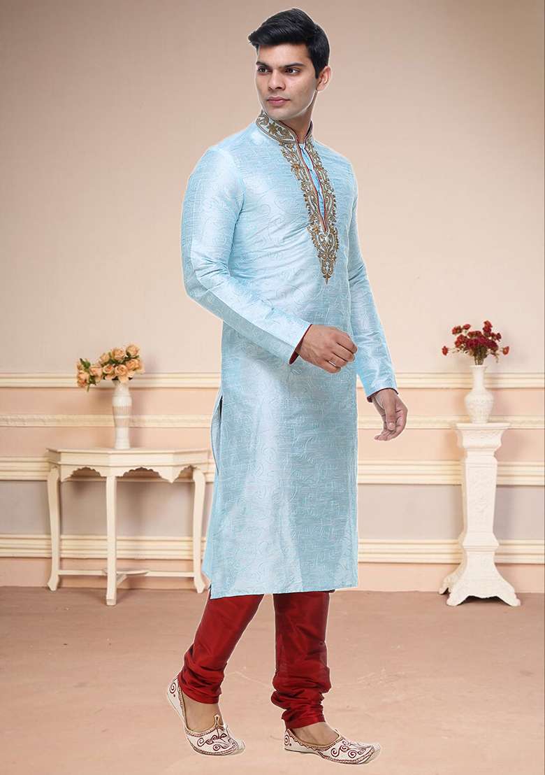 Sky Blue Embroidered Silk Blend Kurta Set For Men - Indya