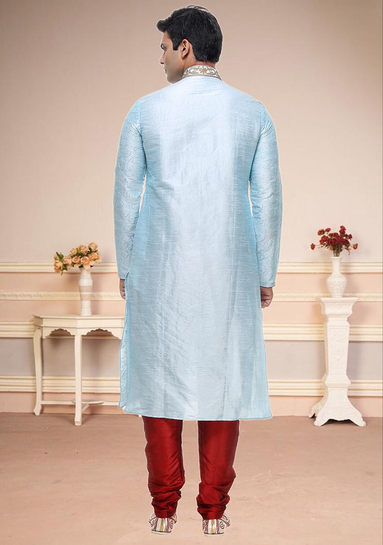 Sky Blue Embroidered Silk Kurta Set For Men