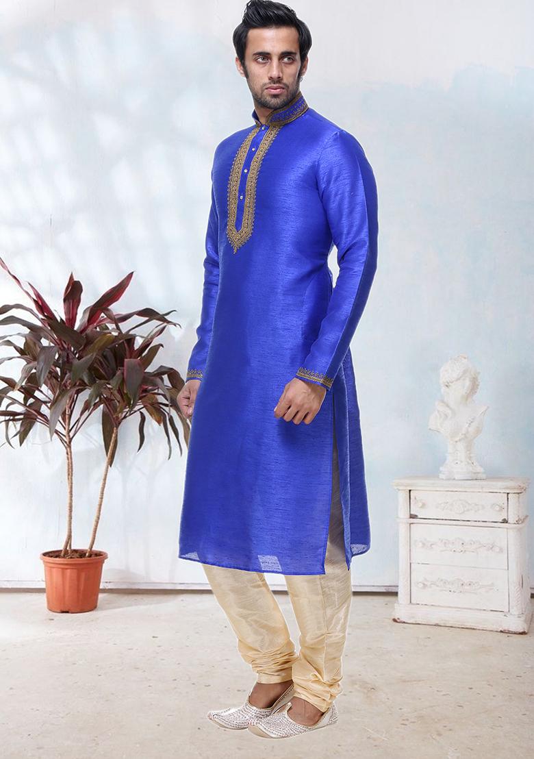 Blue Embroidered Silk Kurta Set For Men