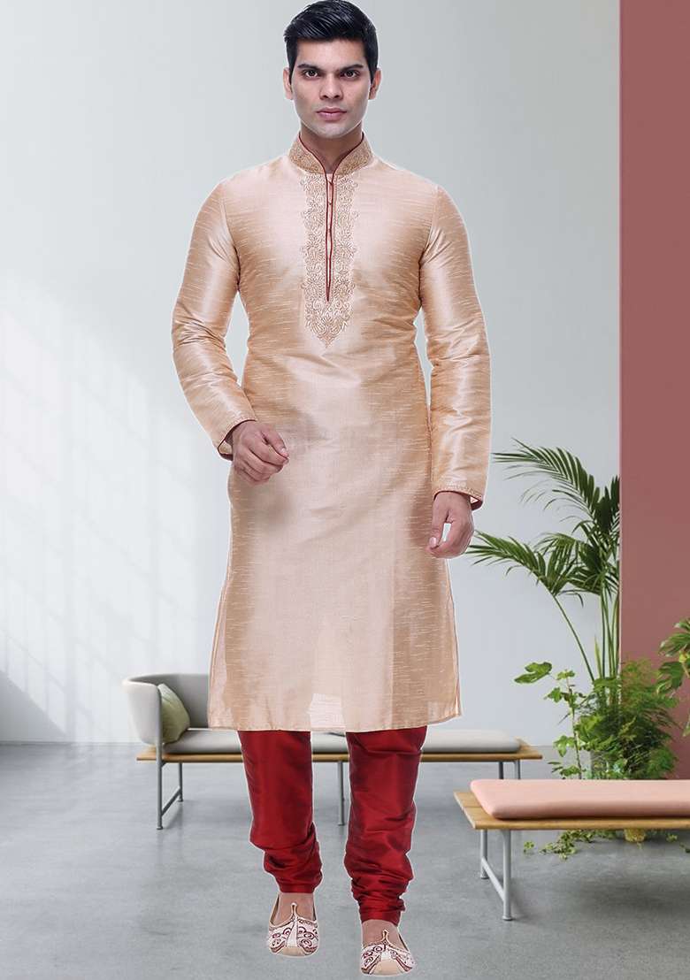 Gold Embroidered Silk Blend Kurta Set For Men - Indya