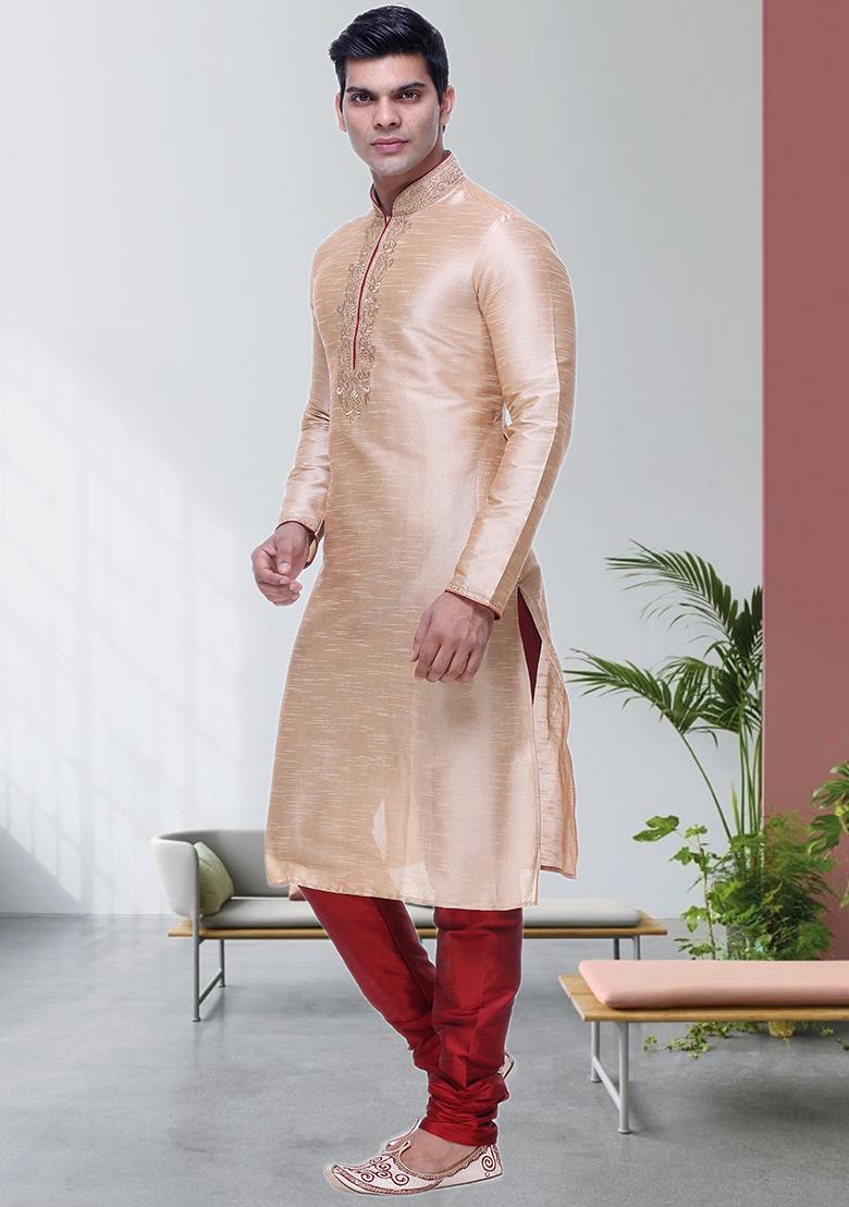 Gold Embroidered Silk Kurta Set For Men