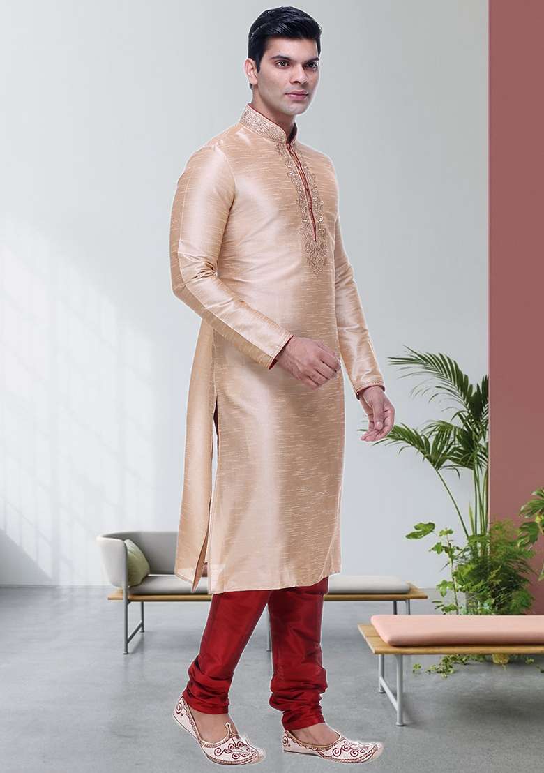Gold Embroidered Silk Blend Kurta Set For Men - Indya