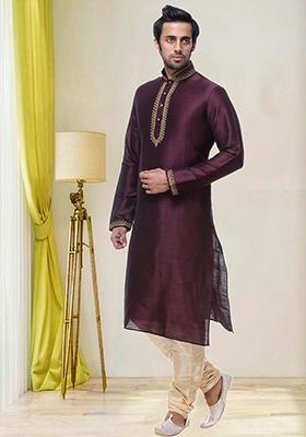 Wine Embroidered Silk Kurta Set For Men