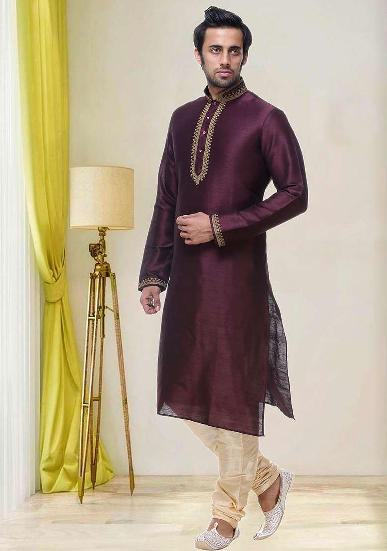 Wine Embroidered Silk Blend Kurta Set For Men - Indya