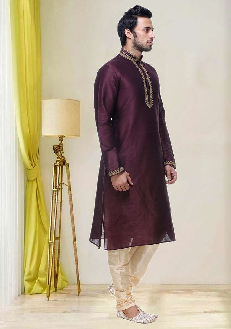 Wine Embroidered Silk Blend Kurta Set For Men - Indya