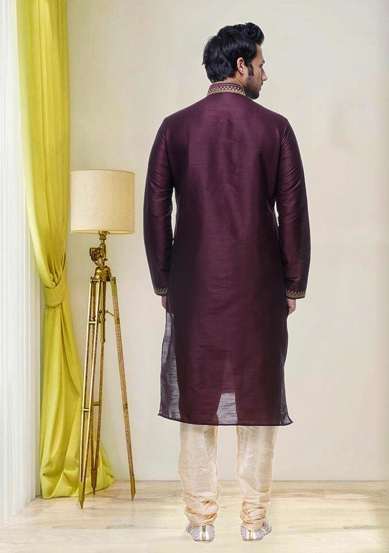 Wine Embroidered Silk Kurta Set For Men
