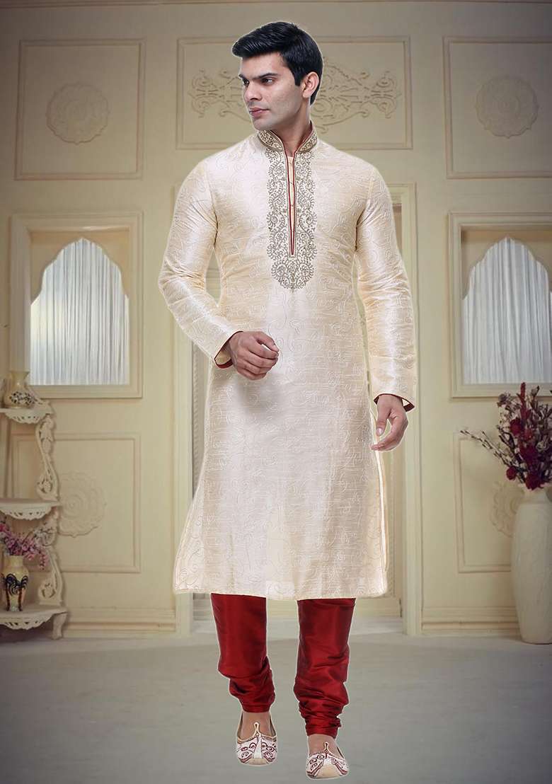 Fawn Yellow Embroidered Silk Blend Kurta Set For Men - Indya