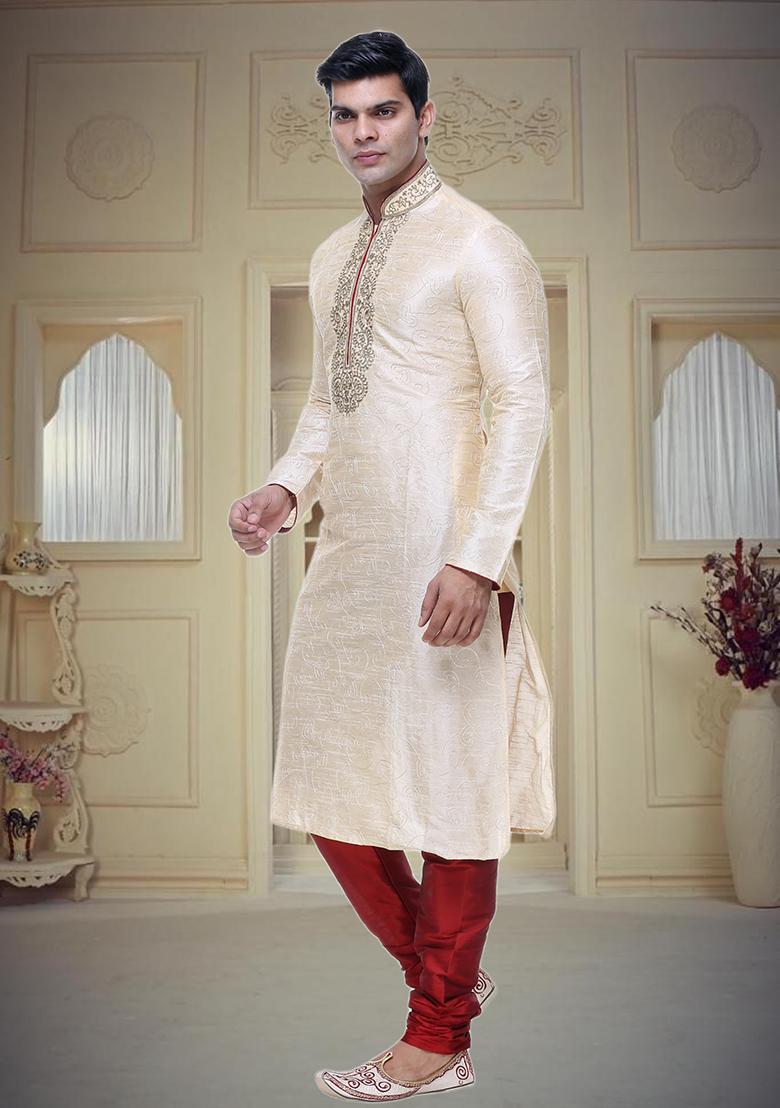 Fawn Yellow Embroidered Silk Kurta Set For Men