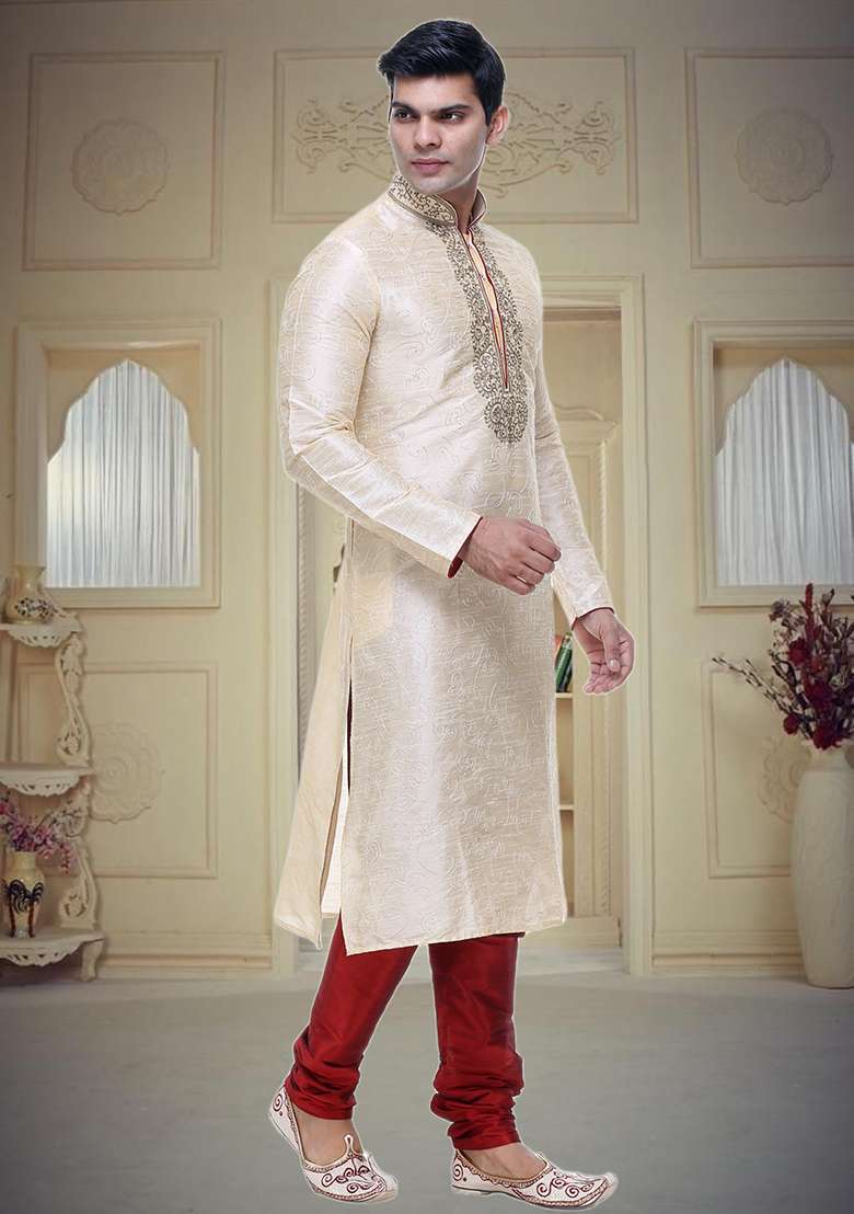 Fawn Yellow Embroidered Silk Blend Kurta Set For Men - Indya