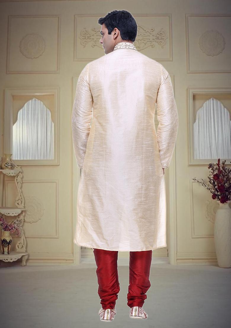 Fawn Yellow Embroidered Silk Kurta Set For Men