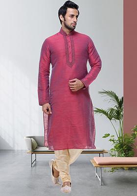 Maroon Embroidered Silk Kurta Set For Men