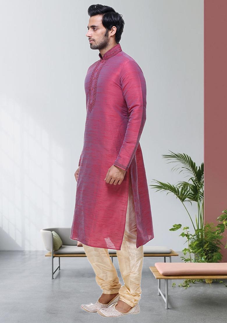 Maroon Embroidered Silk Kurta Set For Men