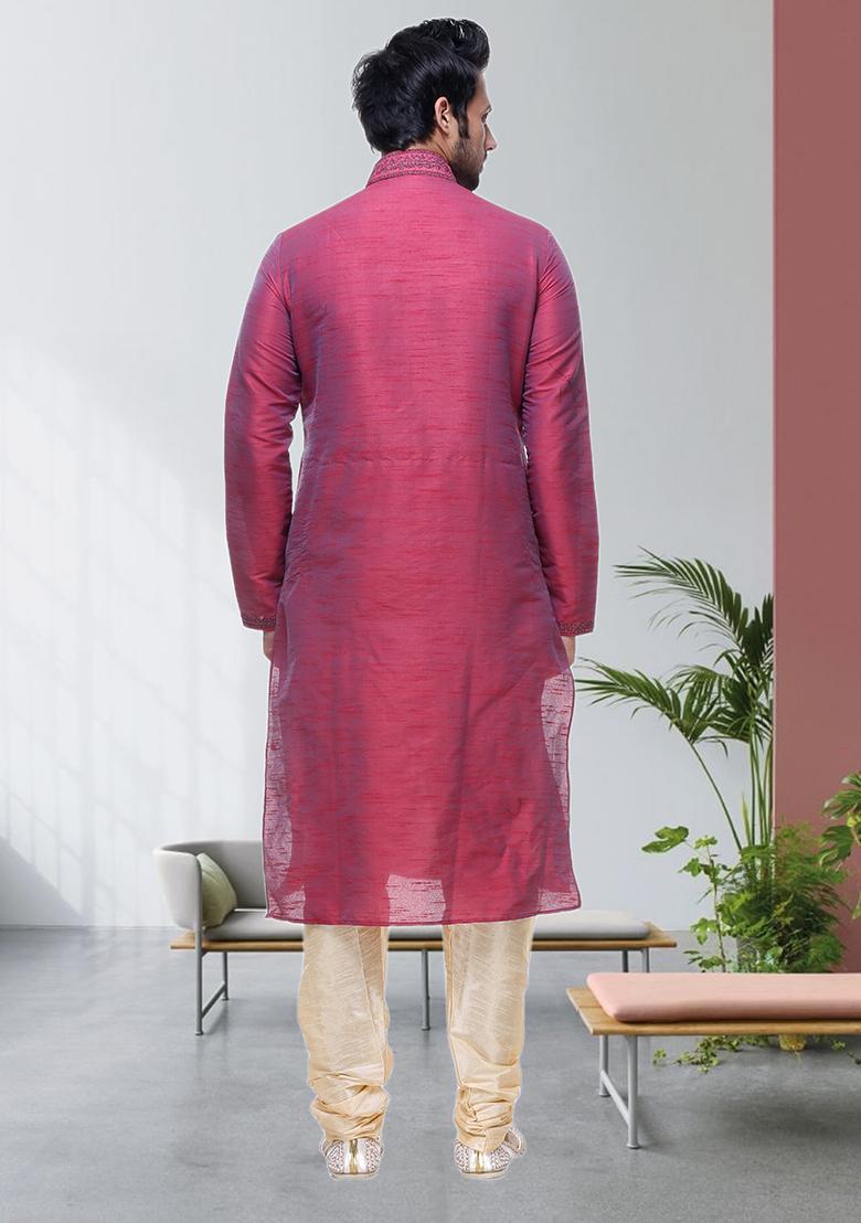 Maroon Embroidered Silk Kurta Set For Men