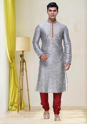 Grey Embroidered Silk Kurta Set For Men