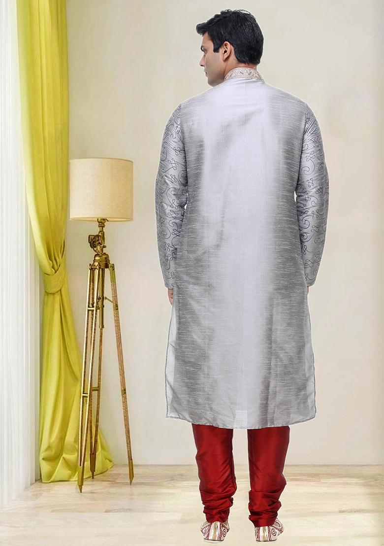 Grey Embroidered Silk Kurta Set For Men