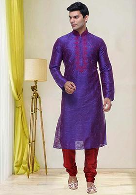 Purple Embroidered Silk Kurta Set For Men