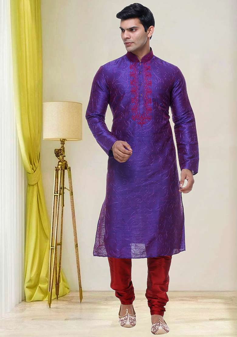 Purple Embroidered Silk Blend Kurta Set For Men - Indya