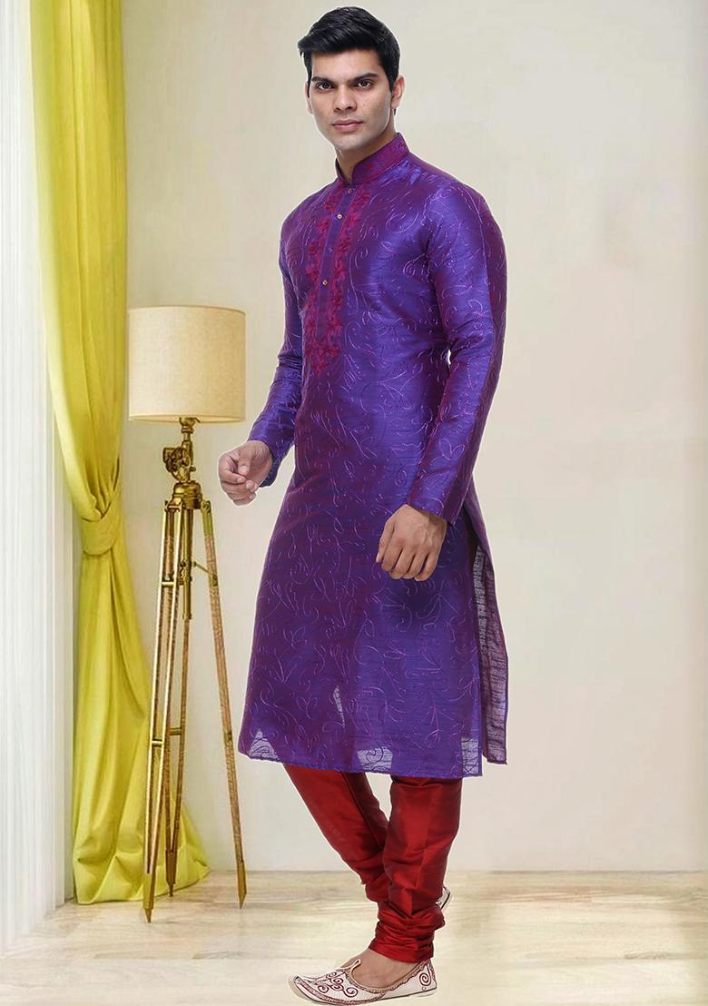 Purple Embroidered Silk Kurta Set For Men