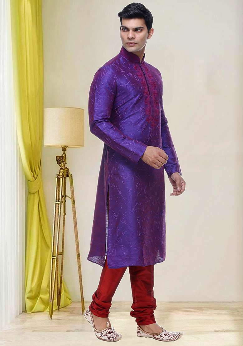 Purple Embroidered Silk Blend Kurta Set For Men - Indya