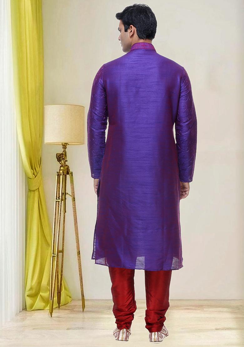 Purple Embroidered Silk Kurta Set For Men